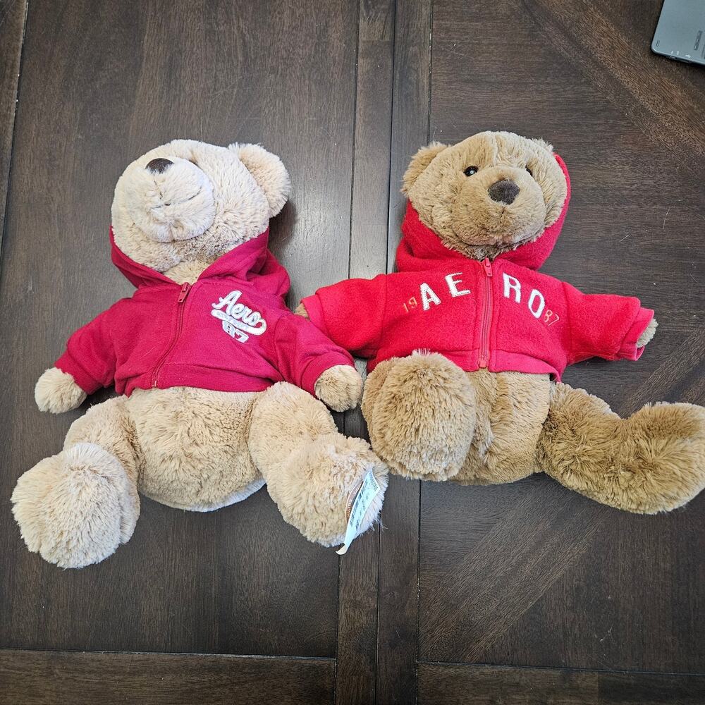 Aeropostale Collectible Teddy Bears Lot‎ of 2 Red Hoodie Plush Y2K NEW Holiday